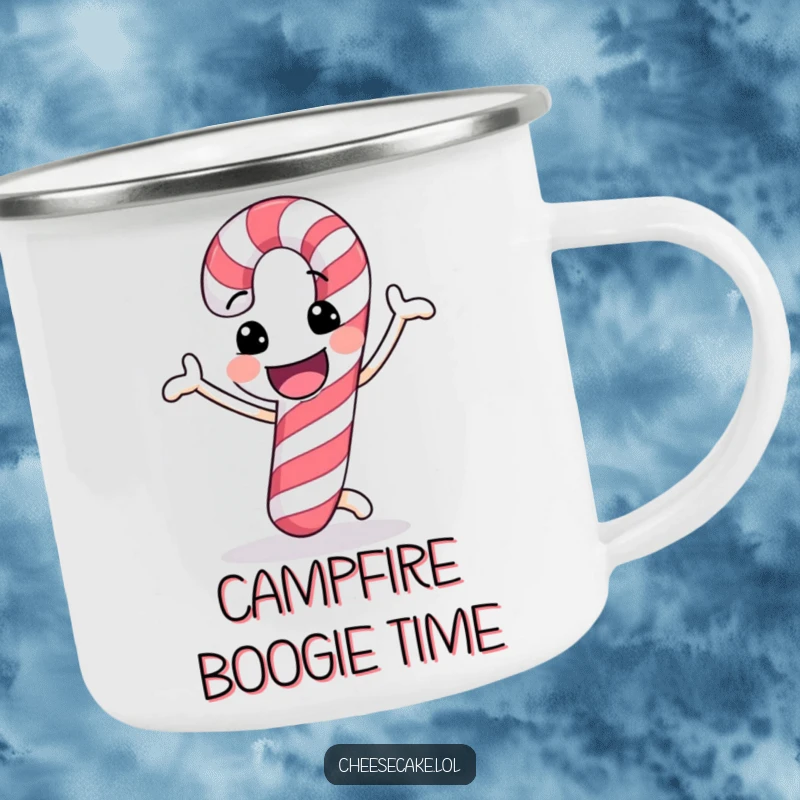 Funny camping mug with a cheerful candy cane doing a funny dance, durable and perfect for festive outdoor moments.