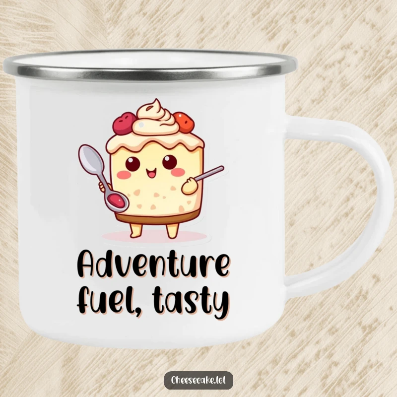 Funny Cheesecake Adventure Camping Mug featuring a cheesecake character with a spoon, ready for delicious outdoor journeys, perfect for adventurers.