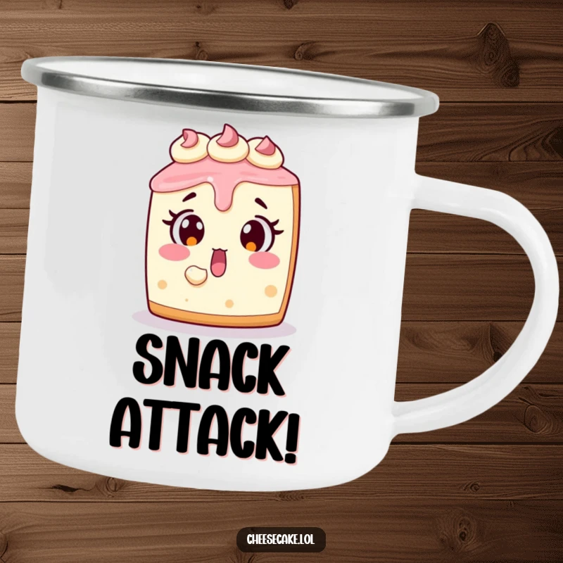 Funny cheesecake camping mug with a surprised dessert character missing a slice, perfect for outdoor enthusiasts.