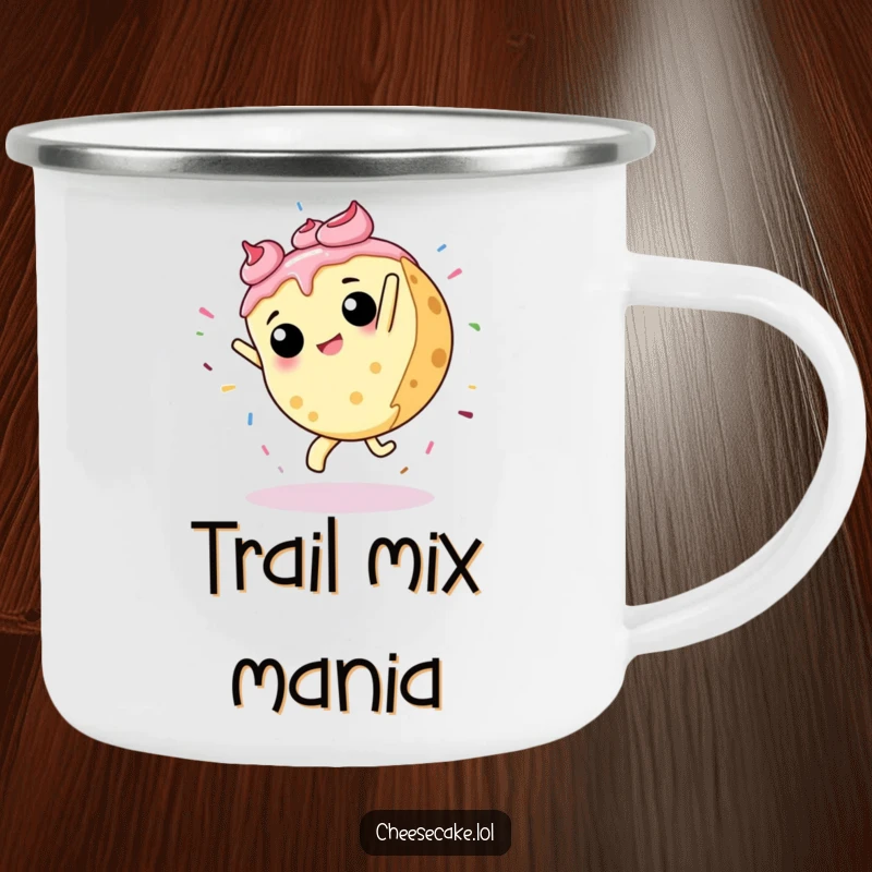 Funny camping mug showing a cheesecake in a cartwheel, with sprinkles flying, ideal for enjoying beverages during outdoor activities.