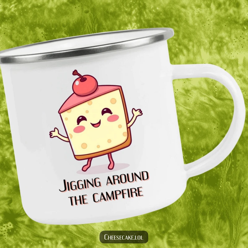 Funny Camping Mug with a jigging cheesecake slice and cherry, perfect for enjoying drinks outdoors with a sweet theme.