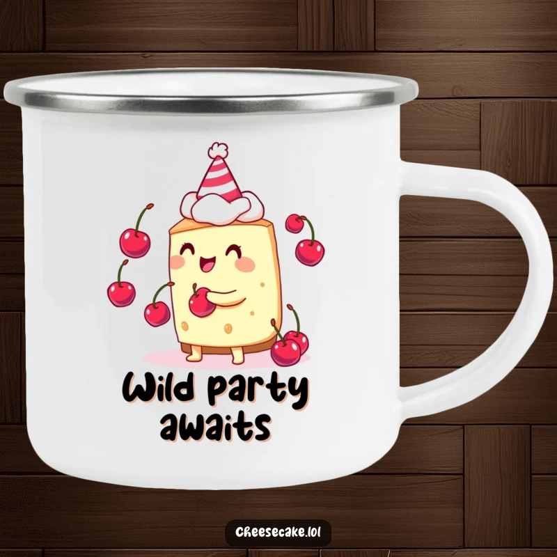 Funny cheesecake juggler camping mug with a cheesecake in a party hat, juggling cherries, ready for adventure.