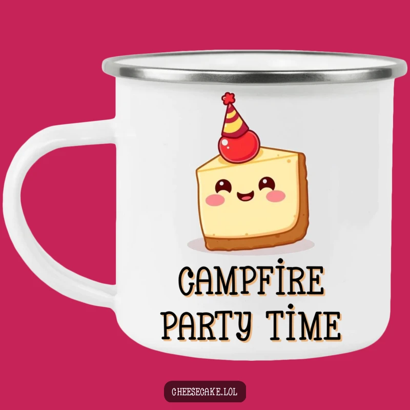 Funny Cheesecake Party Camping Mug: Happy Slice with Cherry Hat, Outdoor Celebrations!