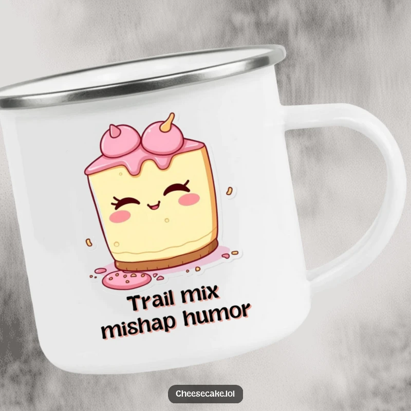 Funny camping mug with a cheesecake character playfully winking and spilling colorful sprinkles, perfect for outdoor treats and fun.