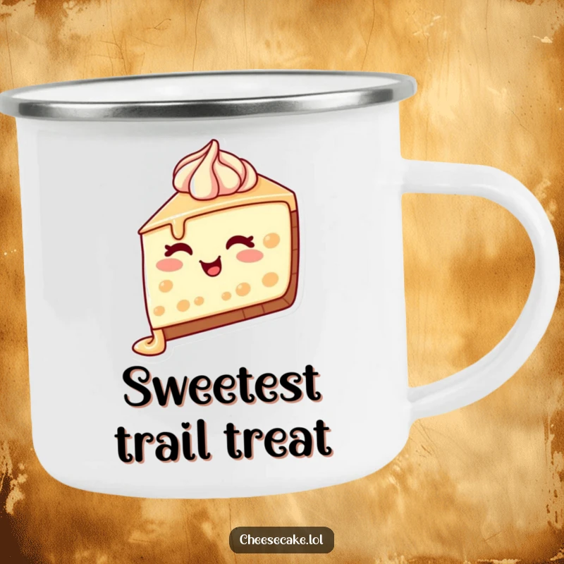 Funny Cheesecake Wink Camping Mug with a delightful cheesecake slice, dripping frosting, and a charming wink, perfect for outdoor enjoyment.