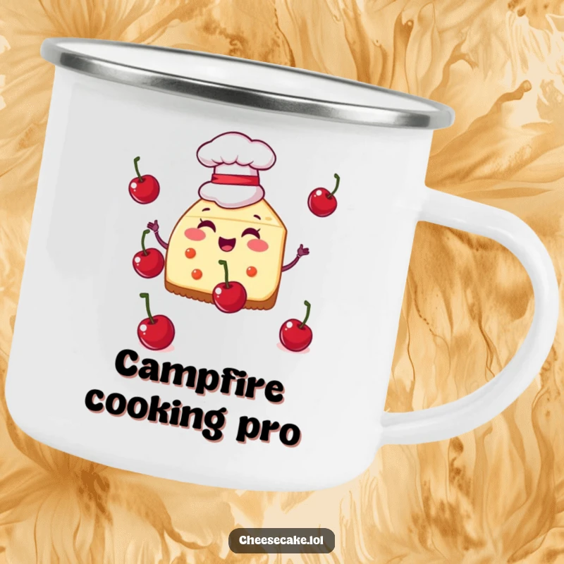 Funny camping mug featuring a cheesecake slice in a chef hat juggling cherries, ideal for enjoying drinks on outdoor adventures with a culinary twist.