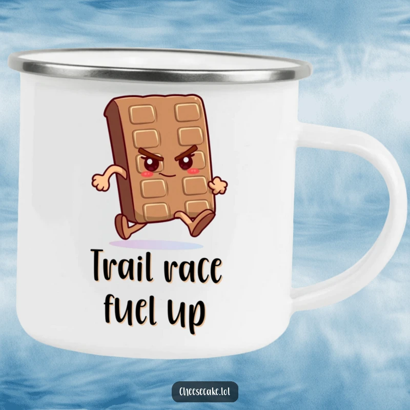 Funny camping mug with a determined chocolate bar running a race, durable and perfect for motivational outdoor moments.