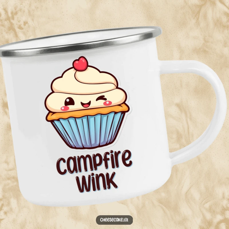 Funny Camping Mug with a smiling cupcake character giving a mischievous wink, perfect for enjoying beverages during outdoor activities.