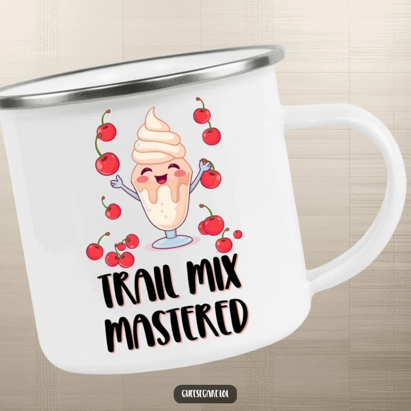 Funny Giggling Sundae Camping Mug: A sturdy mug with a giggling sundae character juggling cherries, ideal for sweet sips outdoors.