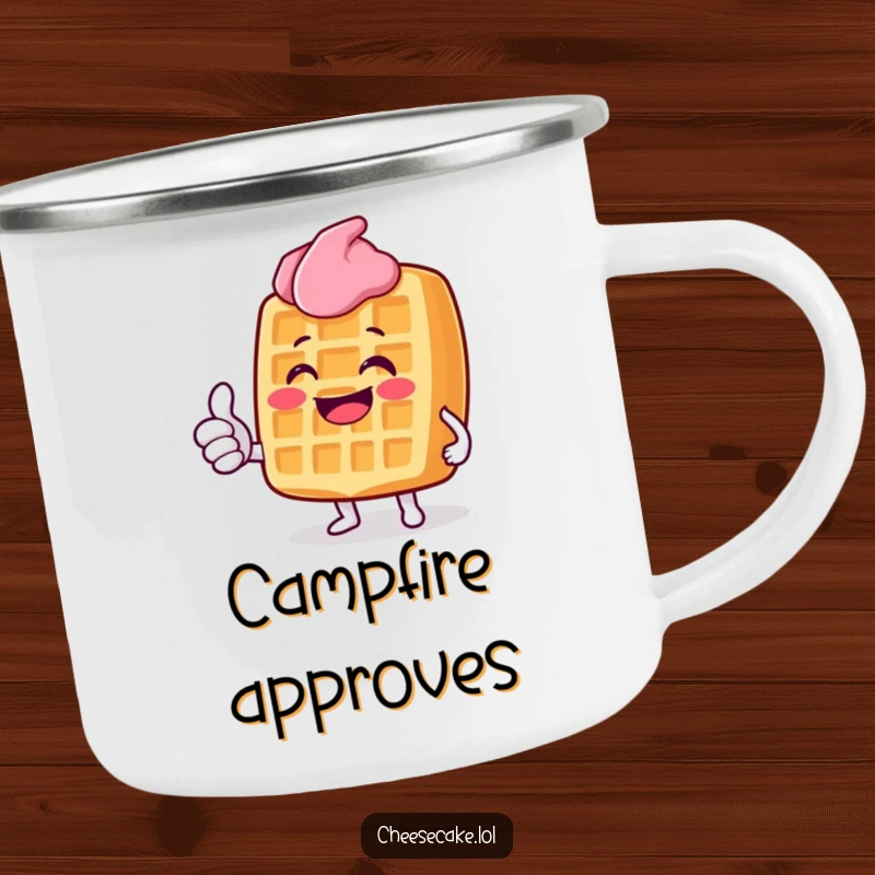 Funny Grinning Waffle Camping Mug: A sturdy mug with a grinning waffle character giving a thumbs up, ideal for outdoor enjoyment.
