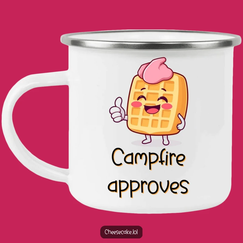 Funny Grinning Waffle Camping Mug: Enjoy Drinks with Thumbs Up, Outdoor Appreciation Gift