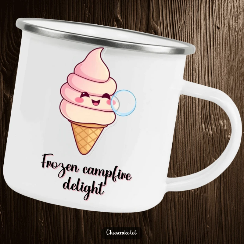 Funny enamel camping mug featuring a smiling ice cream swirl in a cone blowing a bubble, perfect for outdoor enjoyment and sweet humor.