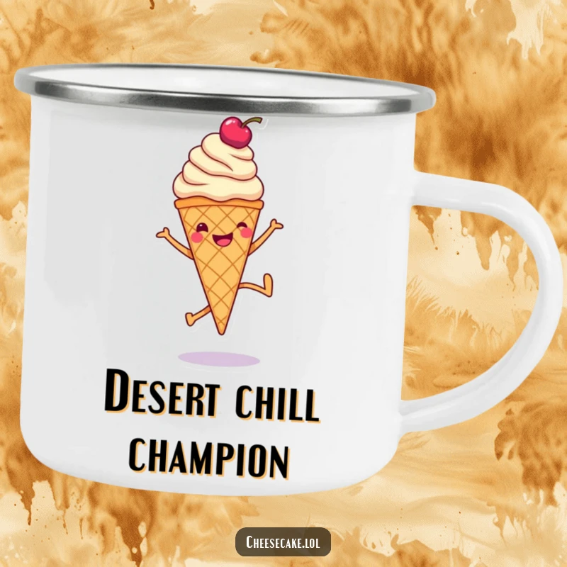 Funny camping mug with a smiling ice cream cone doing a cartwheel, durable and perfect for sweet outdoor moments.