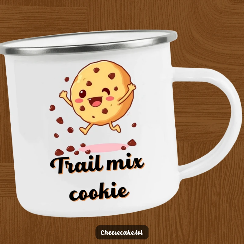 Funny enamel camping mug featuring a jumping cookie with scattering chocolate chips, perfect for outdoor enjoyment and sweet humor.