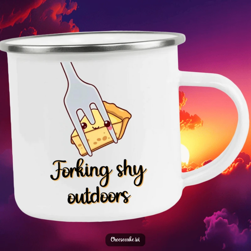 Funny shy pie slice peeking out from behind a large fork, a durable and humorous camping mug for gentle adventures.