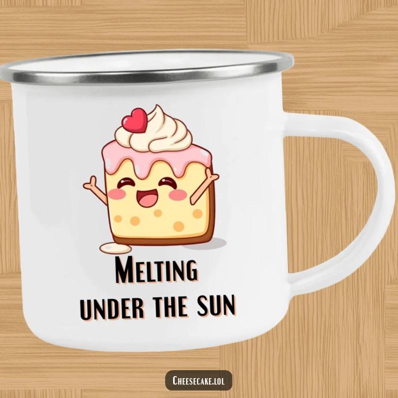 Funny camping mug with a delighted cheesecake slice, frosting melting, striking a silly pose, perfect for outdoor fun.