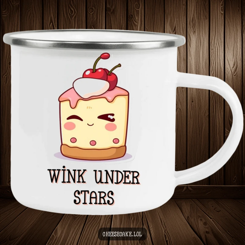 Funny camping mug with a cheesecake character wearing a cherry, winking slyly during outdoor activities.