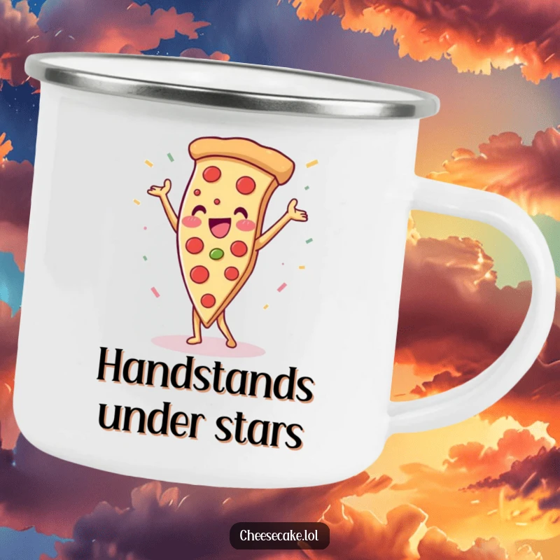 Funny pizza slice doing a handstand with confetti, a durable and humorous camping mug for outdoor adventures.