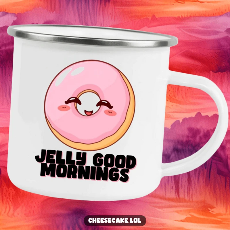 Funny donut camping mug featuring a wobbly jelly donut with closed eyes, giggling cheerfully.