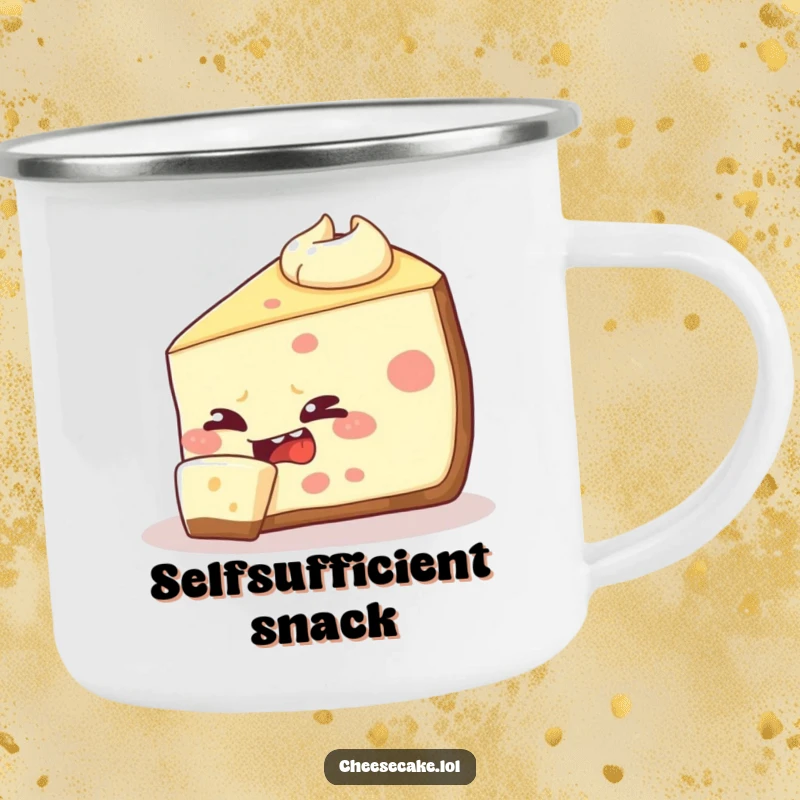 Funny cheesecake slice camping mug illustration, depicting a mischievous dessert attempting to bite itself, perfect for humorous campfire moments.