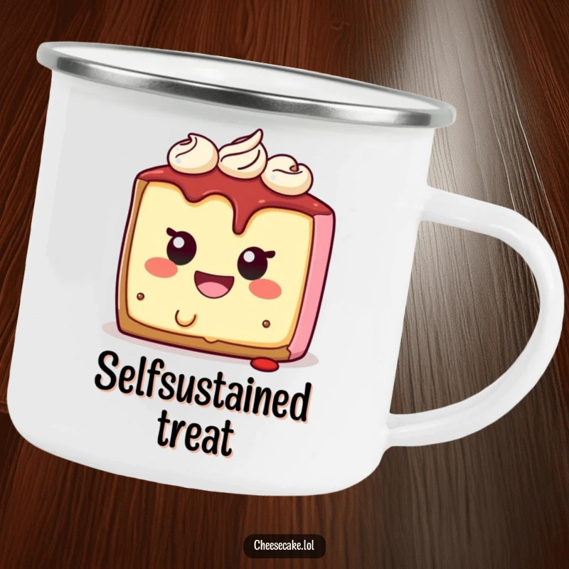 Funny cheesecake camping mug featuring a smiling character biting itself, perfect for humorous outdoor activities and drinks.