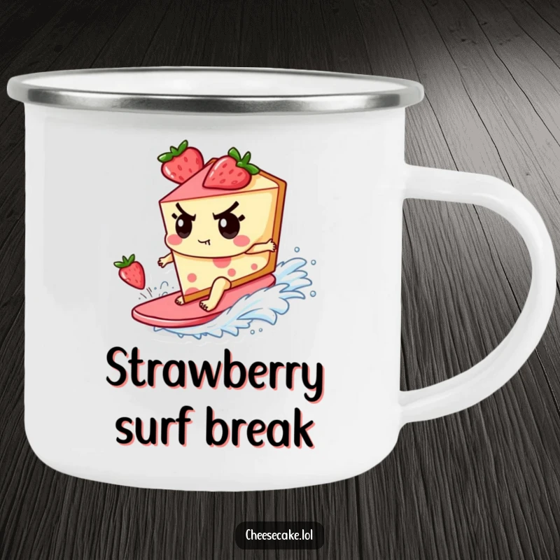 Funny Camping Mug with a determined cheesecake character surfing a strawberry wave, perfect for enjoying beverages during outdoor adventures.