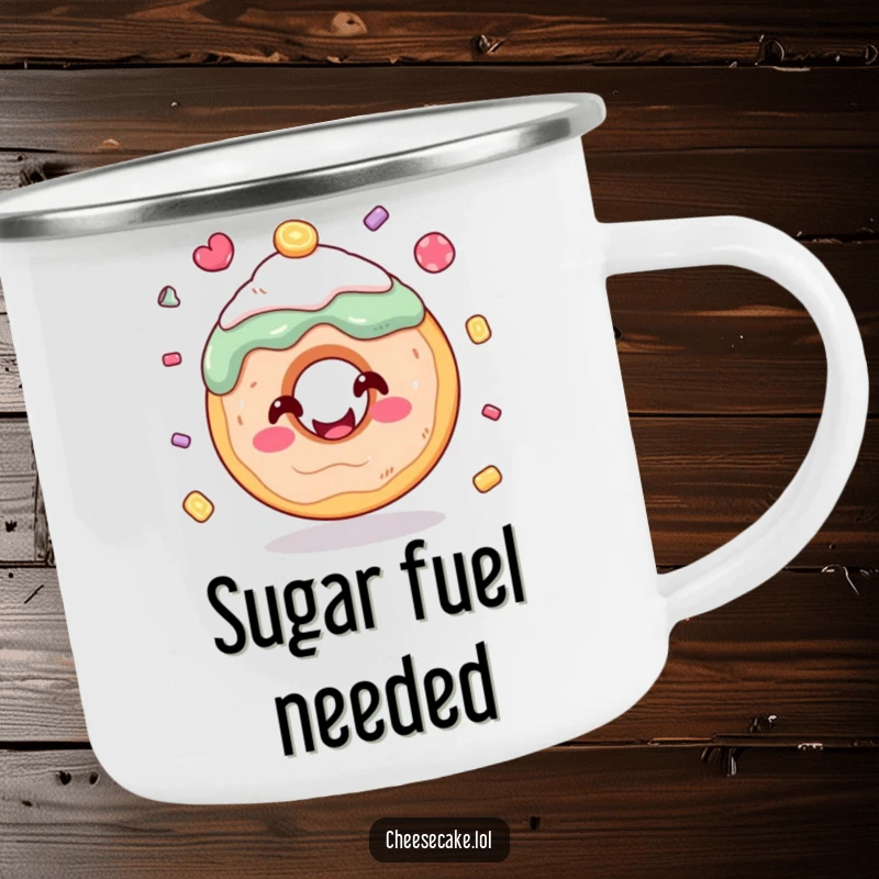 Funny donut juggling candy camping mug, designed for outdoor enjoyment with a humorous and sweet theme.