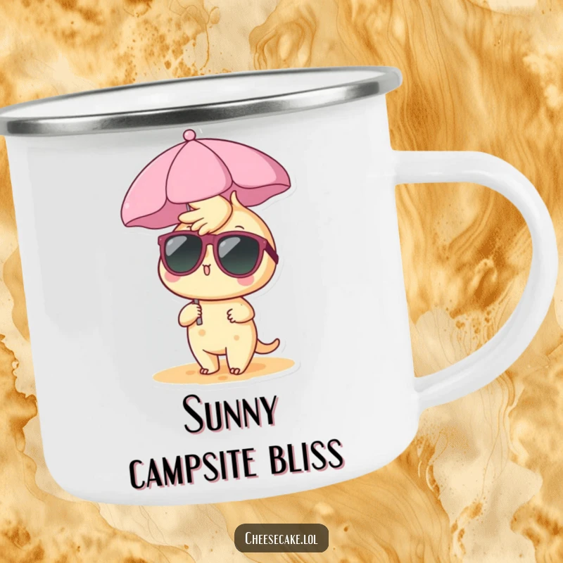 Funny cheesecake camping mug showing a cheesecake character in sunglasses under a beach umbrella, ideal for outdoor relaxation.