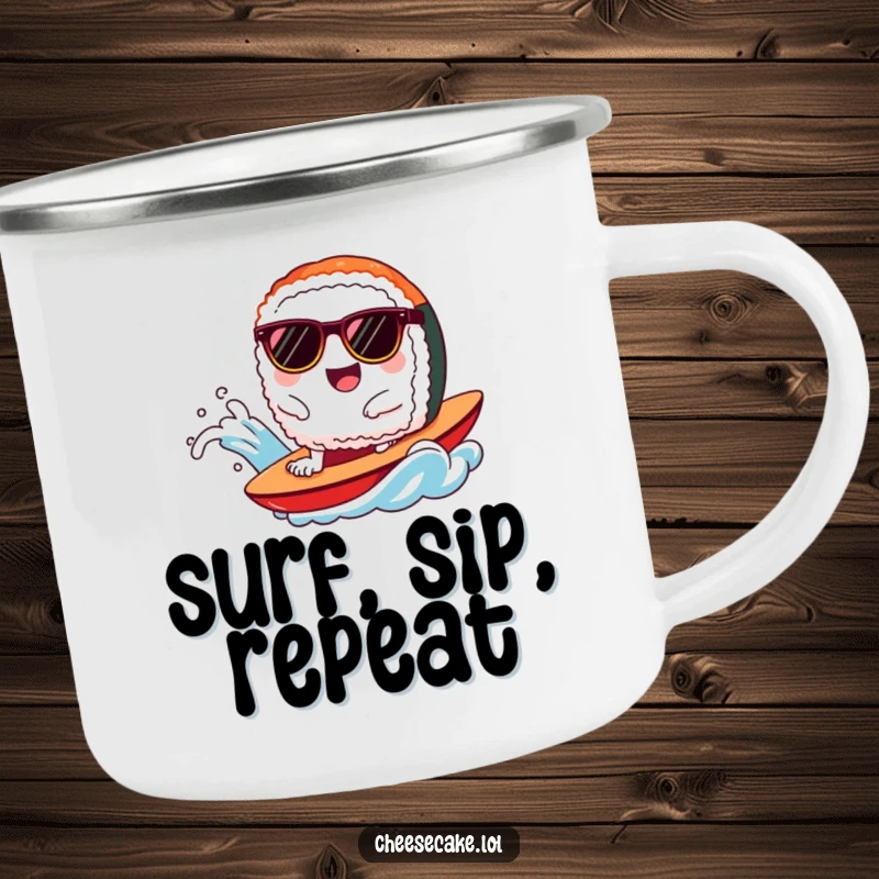 Funny sushi camping mug featuring a joyful sushi piece with sunglasses riding a wave, ready for the outdoors.
