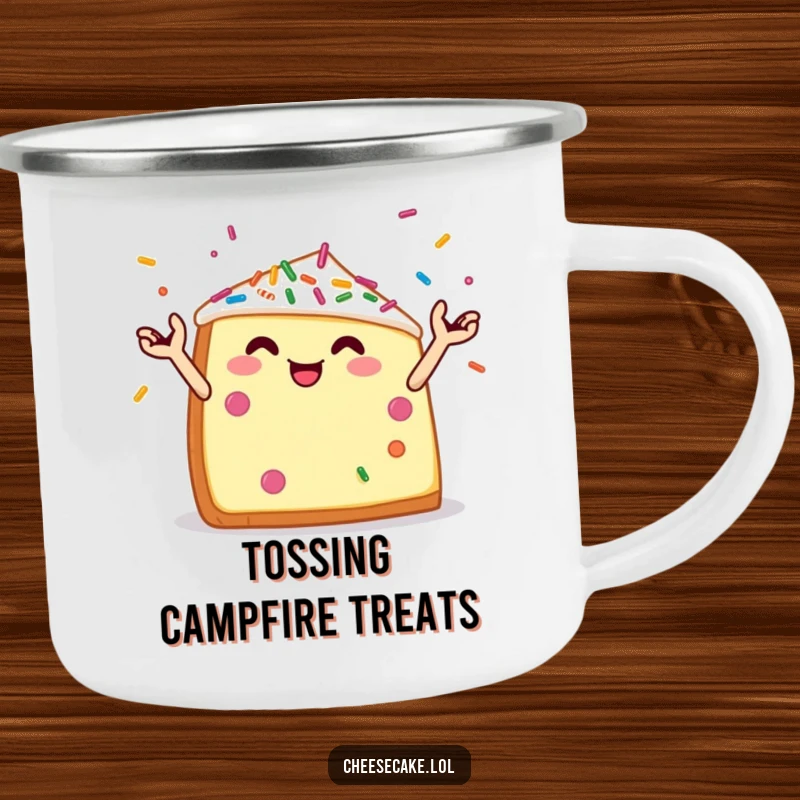 Funny camping mug showing a cheerful cheesecake wedge with tiny arms juggling colorful sprinkles, ready for outdoor fun.
