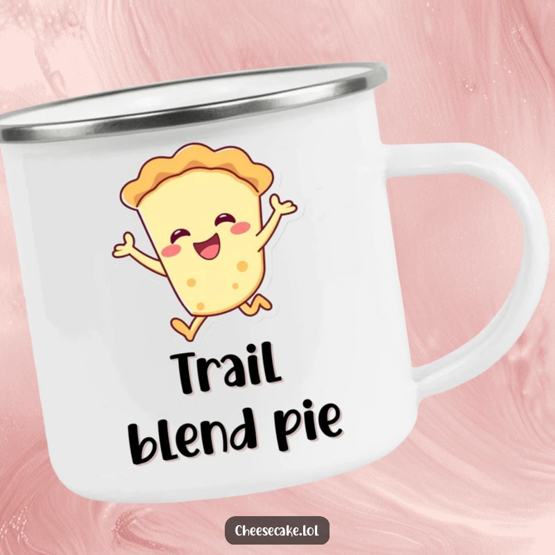 Funny smiling pie character joyfully leaping on a camping mug, perfect for outdoor enjoyment.