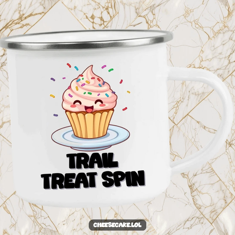 Funny Excited Cupcake Camp Mug: A mug showing a cupcake with sprinkles spinning excitedly on a plate.