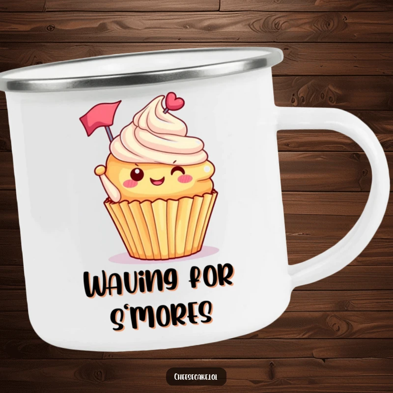 Funny delighted cupcake with frosting tipped, waving a tiny flag, a durable and humorous camping mug for sweet adventures.