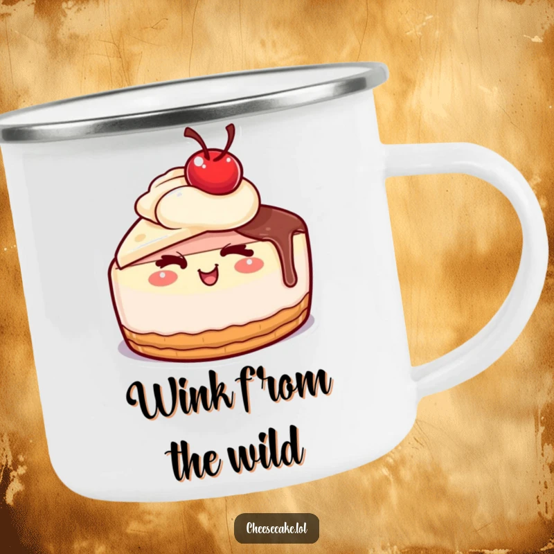 Funny cheesecake with a cherry on top giving a wink on a sturdy camping mug, a wonderful funny gift.