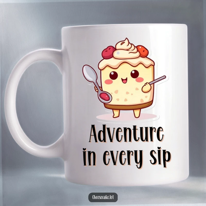 Funny Cheesecake Adventure Mug featuring a cheesecake character holding a spoon, looking ready for a delicious and exciting culinary journey.