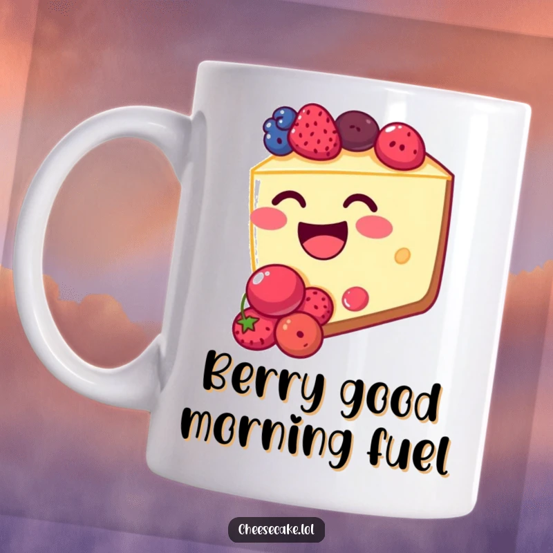 Funny cheesecake mug with a happy slice of cheesecake, mouth full of berries, giggling adorably. Perfect for dessert lovers.