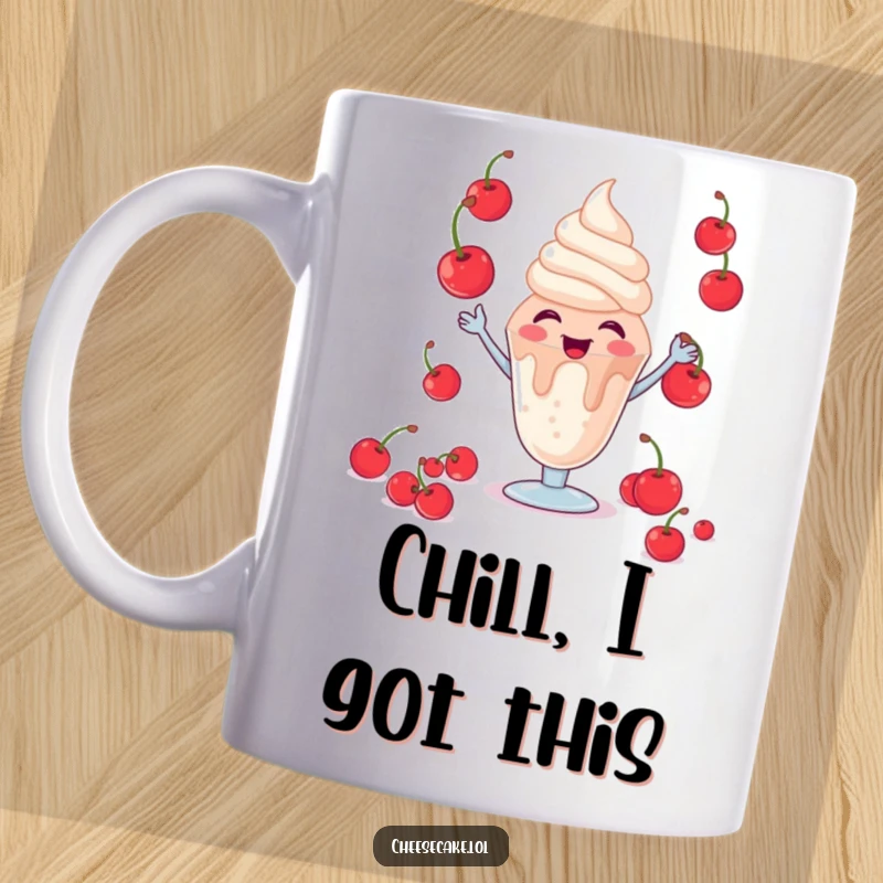 Funny Giggling Sundae Mug: A delightful sundae character giggling while juggling bright red cherries, pure dessert happiness.