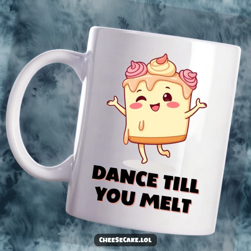 Funny cheesecake mug featuring a cheesecake character with dripping frosting, caught mid-silly dance.