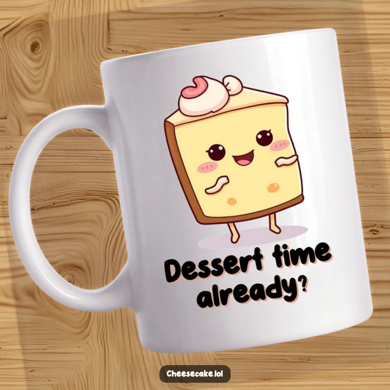 Funny Cheesecake Shimmy Mug: A slice of cheesecake with eyes and legs joyfully shimmying, celebrating dessert.