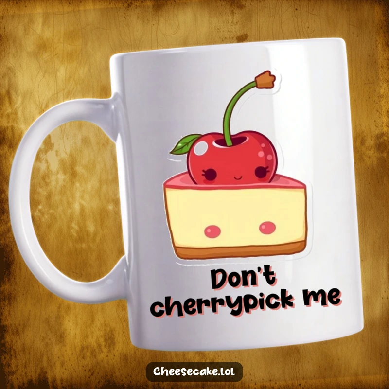Funny shy cheesecake mug with a blushing wedge peeking from behind a cherry. Cute dessert art.