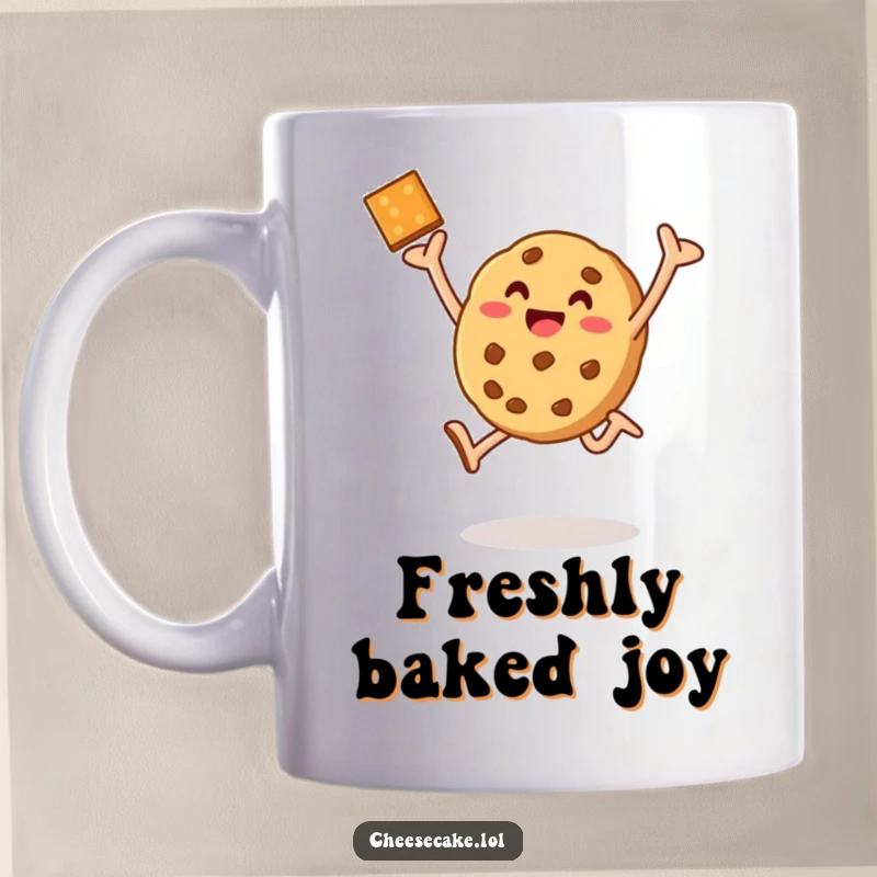 Funny baked cookie mug showing a happy cookie mid-leap with joy, celebrating a successful bake.