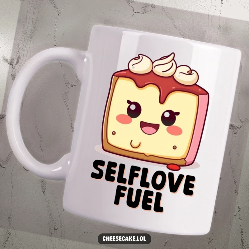 Funny cheesecake character mug with a bright smile, taking a bite out of itself, symbolizing self-love and humor.
