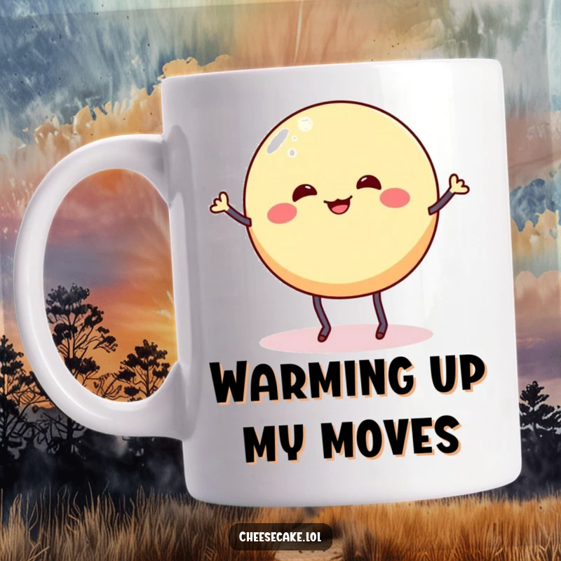 Funny mug featuring a wobbly cheesecake round with stick legs enthusiastically doing a silly dance jig, pure dessert merriment.
