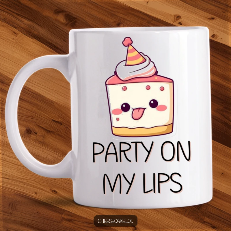 Funny mug showing a cheesecake slice character wearing a party hat and sticking its tongue out playfully, ready for fun.