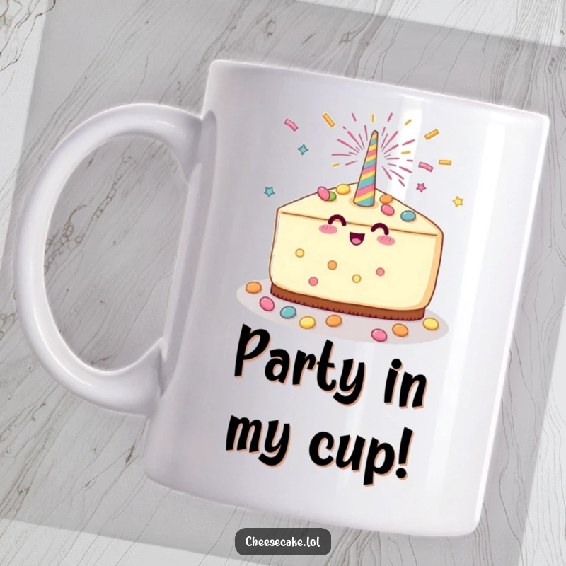 Funny Cheesecake Party Mug featuring a cheesecake slice celebrating with a party popper going off and showering in colorful candy, perfect for festive mornings.
