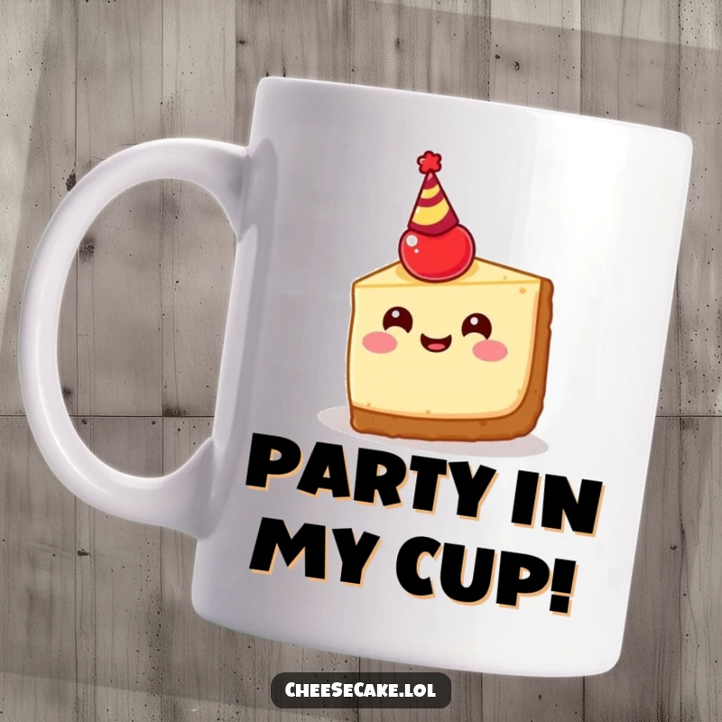 Funny cheesecake slice mug design, happy and cheerful with a cherry as a party hat, ready to celebrate joyfully.
