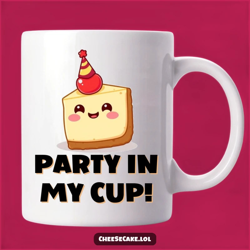 Funny Cheesecake Party Mug: Happy Slice with Cherry Hat, Perfect Celebration Gift!