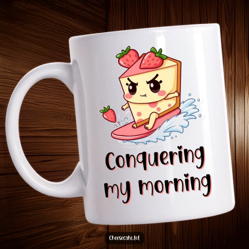Funny Mug featuring a cheesecake character with a determined expression, expertly surfing a wave made of strawberries. Epic dessert action!