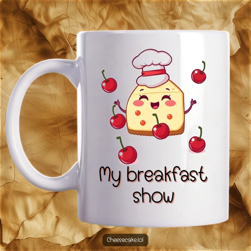 Funny mug showing a cheesecake slice wearing a tiny chef hat, skillfully juggling bright red cherries with a determined look.