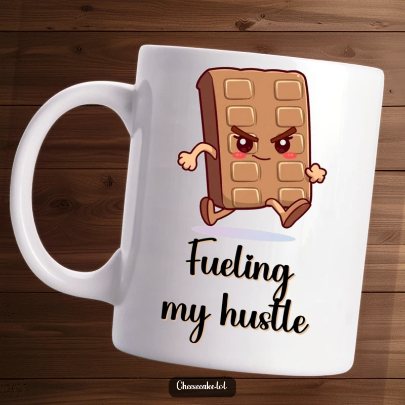 Funny mug showing a chocolate bar with a determined look running a race, symbolizing drive and perseverance.